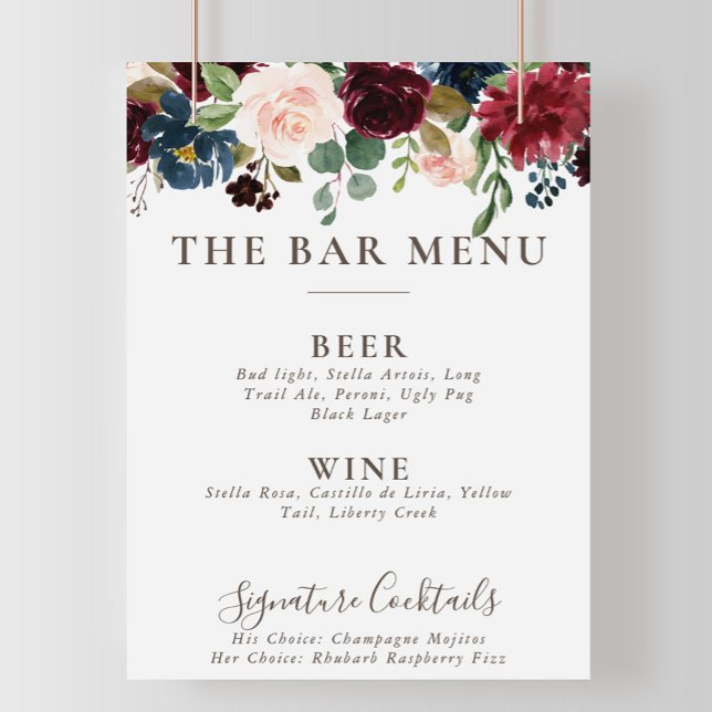 Poster Cartaz do Menu do Bar de Casamento com Flores Clás (Criador carregado)