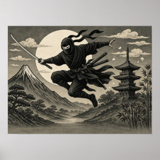 Poster Cartaz do Ninja Japonês Lua Cheia Fuji