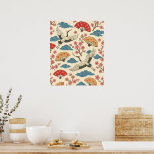 Poster Cartaz do padrão Sakura do Grou Japonês – Tradicio