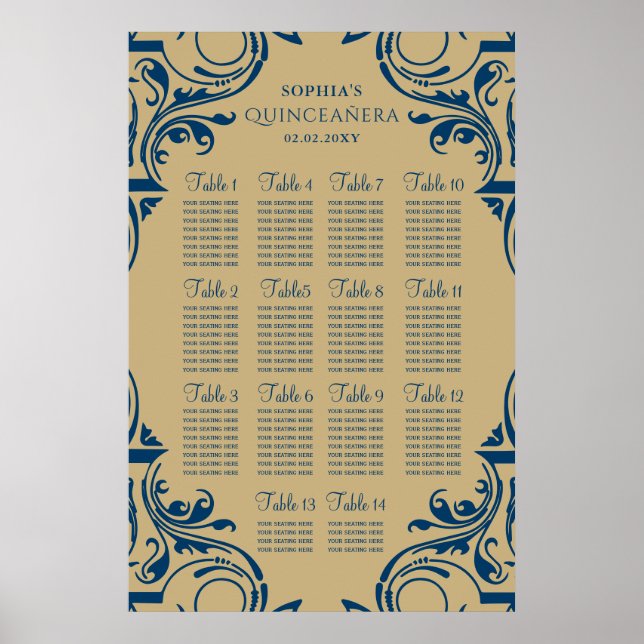 Poster cartaz do plano de assentos Rustic Blue Gold (Frente)