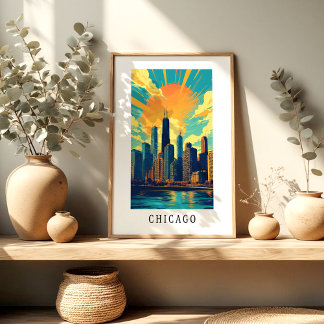 Poster Cartaz do pôr do sol do horizonte de Chicago