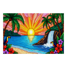 Póster Cartaz do Pôr do Sol em Vidro Colorido Tropical