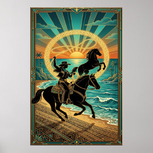 Poster Cartaz do pôr do sol na praia com vaqueira do Art 
