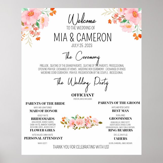 Poster Cartaz do Programa de Casamento Floral Verde (Frente)