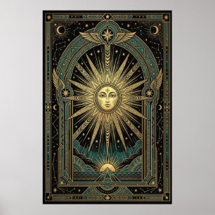 Poster Cartaz do Sol Celestial Art Déco   Dourado Teal