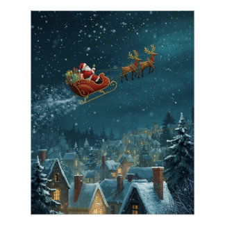 Póster Cartaz do Trenó do Papai Noel sobre a cidade