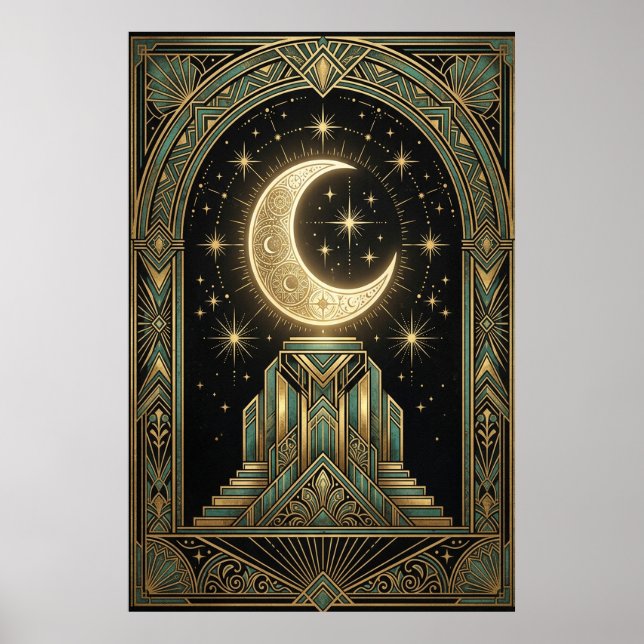Poster Cartaz do Ziggurat Celestial Art Déco da Lua | Chá (Frente)