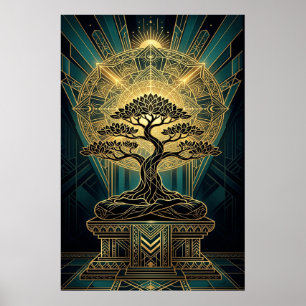 Poster Cartaz Dourado e Azul Turquesa de Mandala de Árvor