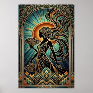 Poster Cartaz Dourado e Azul Turquesa de Retrato de Mulhe