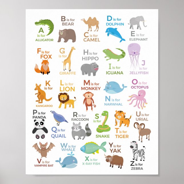 Poster Cartaz Educativo Infantil Alfabeto Animal A - Z (Frente)