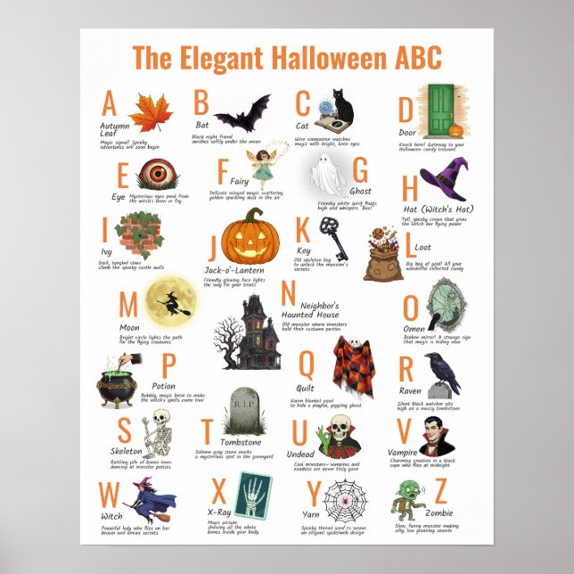 Poster Cartaz Elegante de ABC de Halloween | Estilo Vinta (Frente)