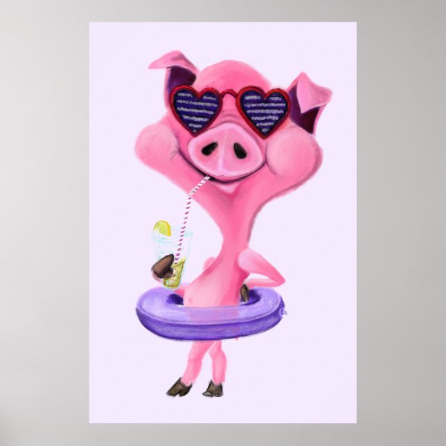 Poster Cartaz Engraçado com Porco Feliz de Festa - Pintur (Frente)