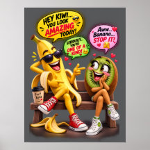 Cartaz Engraçado de Banana e Kiwi Flertando 