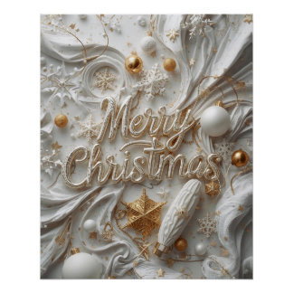 Póster Cartaz “Feliz Natal” Branco e Dourado