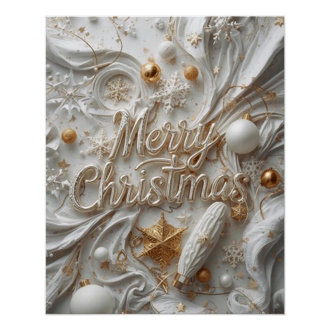 Póster Cartaz “Feliz Natal” Branco e Dourado (Frente)