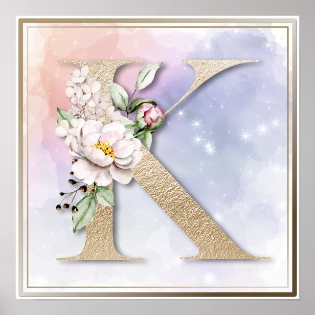 Poster Cartaz Floral Burgundy com Monograma K (Frente)