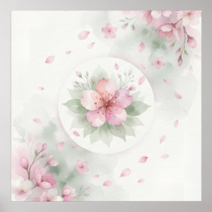 Poster Cartaz Floral de Aquarela de Flor de Cerejeira Ros