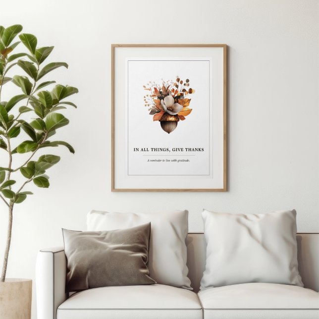 Poster Cartaz Floral de Carvalho Rústico Branco de Outono (Rustic Acorn Floral wall art — a timeless reminder to live with gratitude every day.)