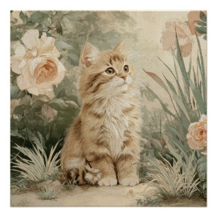 Póster Cartaz Floral de Gato Fofo da Casa da Gatinhas Ado