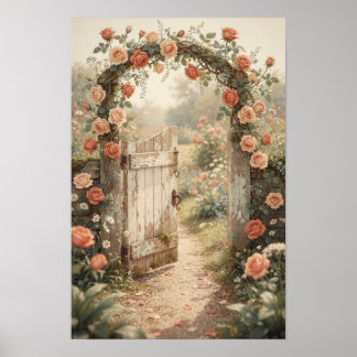 Poster Cartaz Floral de Jardim de Cottage com Portão Cobe