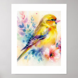 Poster Cartaz Floral de Pássaro Cantante Amarelo em Aquar