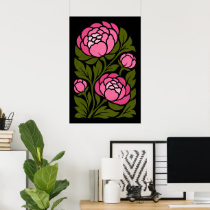 Poster Cartaz Floral de Peônia Rosa, Arte de Parede de Fl