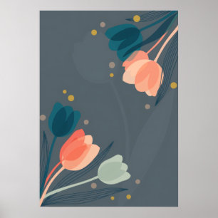 Poster Cartaz Floral de Tulipas Coral em Azul Turquesa de