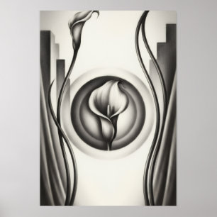 Poster Cartaz Floral Monocromático de Lírio Calla Art Déc