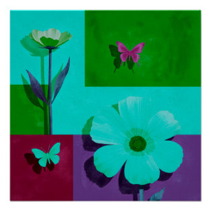 Póster Cartaz Glossy Floral com Bloqueio de Cor e Borbole