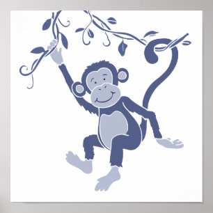 Póster Cartaz gráfico azul de macaco para crianças