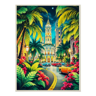 Póster Cartaz Histórico de Havana à Noite.
