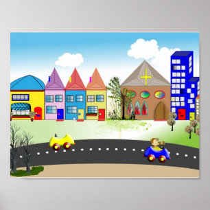 Póster Cartaz Impresso de Cidade Pequena e Colorida para 
