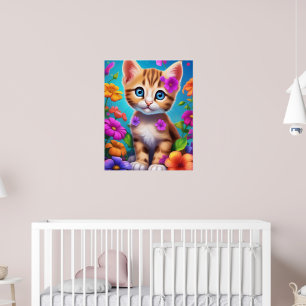 Poster Cartaz Infantil de Parede Gatinho Colorido e Flore