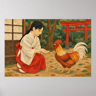 Poster Cartaz Japonês Miko e Galo no Estilo Chigiri-e