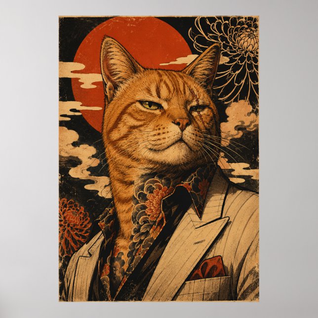 Poster Cartaz Japonês Vintage do Samurai Gato  (Frente)