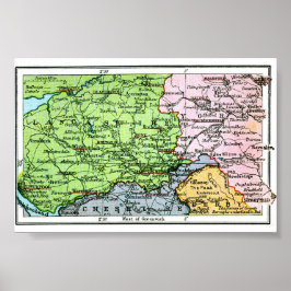 Poster Cartaz - Mapa Antigo de Yorkshire/Lancashire