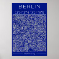 Cartaz Mapa da Cidade de Berlim Blueprint Azul Urb