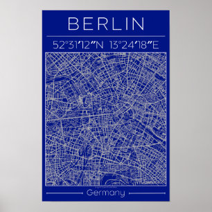 Poster Cartaz Mapa da Cidade de Berlim Blueprint Azul Urb