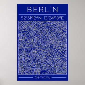 Poster Cartaz Mapa da Cidade de Berlim Blueprint Azul Urb