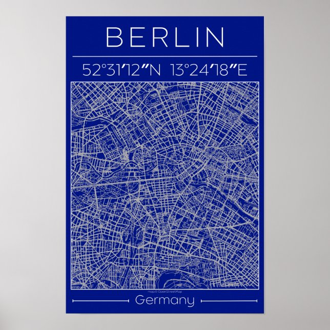 Poster Cartaz Mapa da Cidade de Berlim Blueprint Azul Urb (Frente)