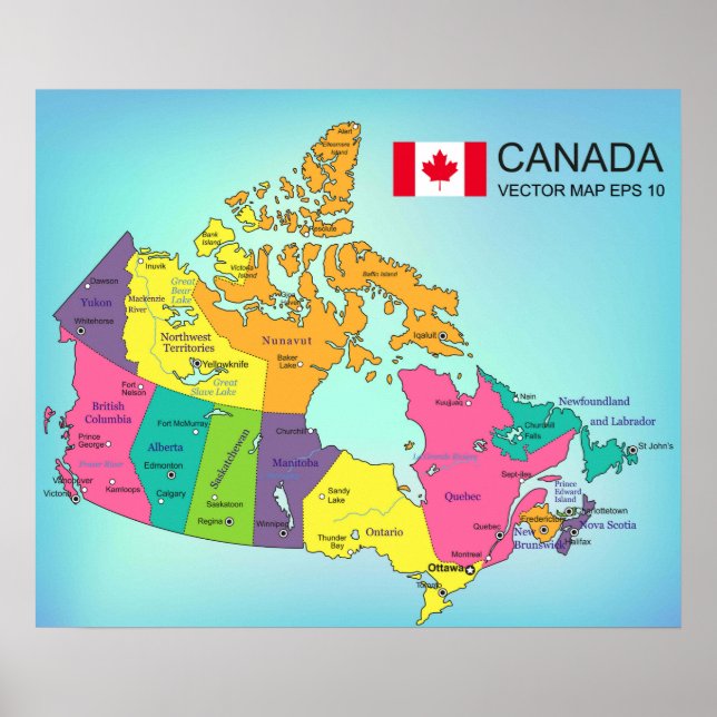 Poster Cartaz - Mapa do Canadá com Províncias (Frente)