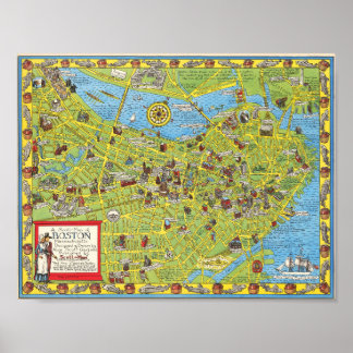 Poster Cartaz Mapa Pictórico Vintage Boston 1955