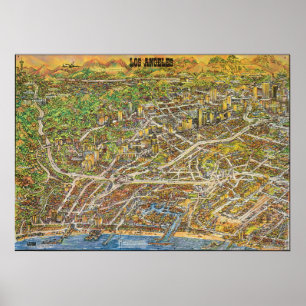 Poster Cartaz Mapa Pictórico Vintage Los Angeles 1974