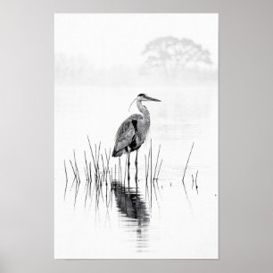 Poster Cartaz Monocromático de Garça na Margem de um Lago