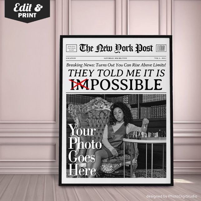 Poster Cartaz Motivacional de Jornal Personalizado É Poss (Custom "Impossible" Wall Art | Motivational Personalized Photo Print)