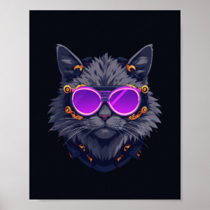 Poster Cartaz Neon de Mecha Ciberpunk Gato Bruxa
