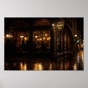 Poster Cartaz Noturno da Cervejaria Belga Iluminada pela 