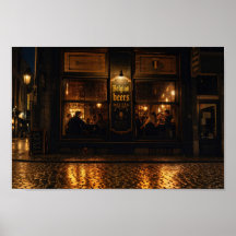 Cartaz Noturno da Cervejaria Belga Iluminada pela 