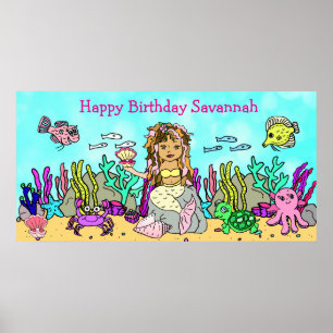 Poster Cartaz Personalizado de Aniversário da Sereia Feli