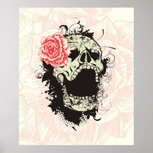 Poster Cartaz personalizado de caveira gótica e rosa verm